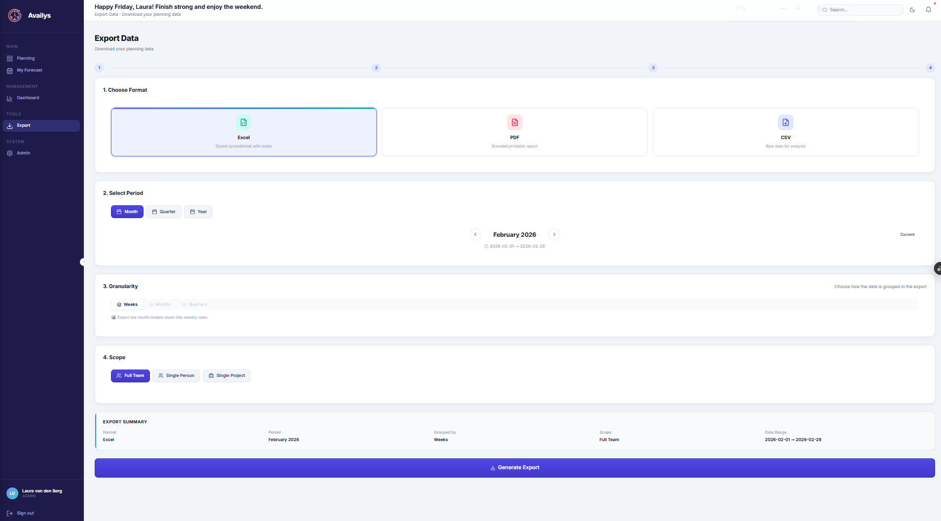 Availys export functionality showing flexible data export options